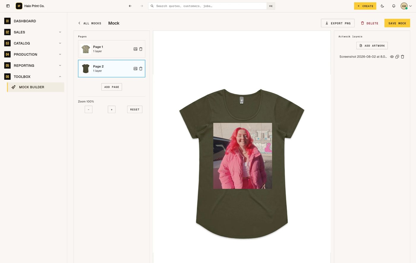 The PRINTOOLS CRM mock builder placing artwork on a garment