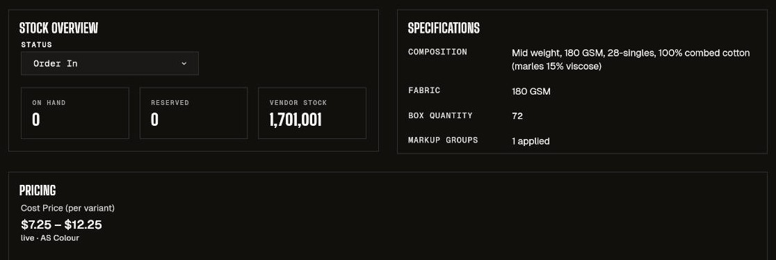 The AS Colour Staple Tee in the PRINTOOLS CRM catalogue: stock overview with on hand, reserved and vendor stock, specifications and live cost price
