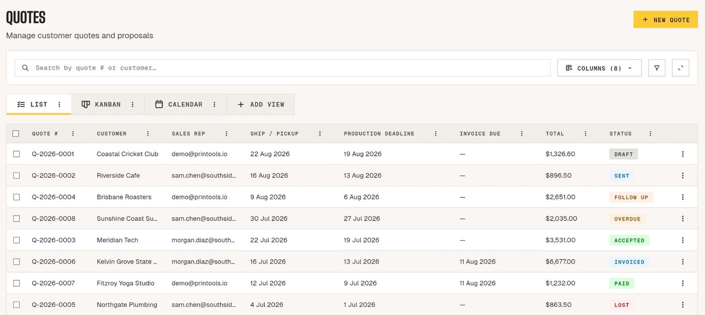 The quotes list in PRINTOOLS CRM with quote numbers, customers, deadlines, totals and status stamps